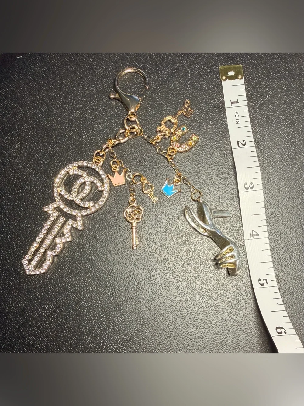 ✨Handmade✨Gold-Tone Crystal Key & Charm Keychain with Shoe and Crown Charms